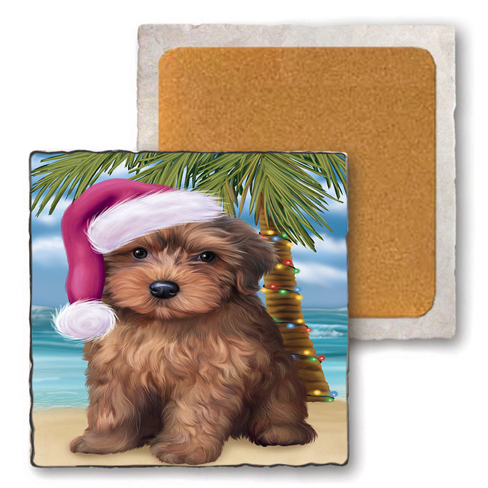 Summertime Happy Holidays Christmas Yorkipoo Dog on Tropical Island Beach Set of 4 Natural Stone Marble Tile Coasters MCST49476
