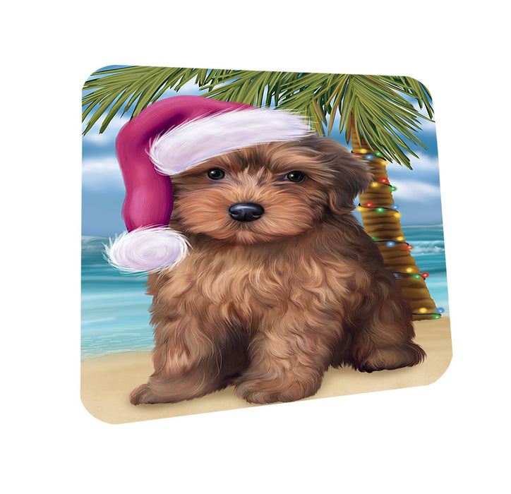 Summertime Happy Holidays Christmas Yorkipoo Dog on Tropical Island Beach Coasters Set of 4 CST54434