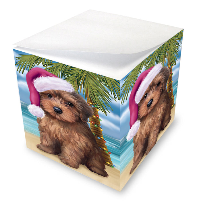 Summertime Happy Holidays Christmas Yorkipoo Dog on Tropical Island Beach Note Cube NOC56122