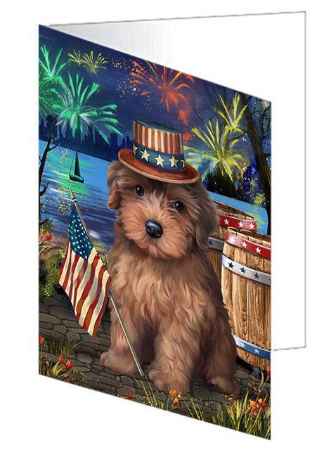 4th of July Independence Day Fireworks Yorkipoo Dog at the Lake Handmade Artwork Assorted Pets Greeting Cards and Note Cards with Envelopes for All Occasions and Holiday Seasons GCD57830