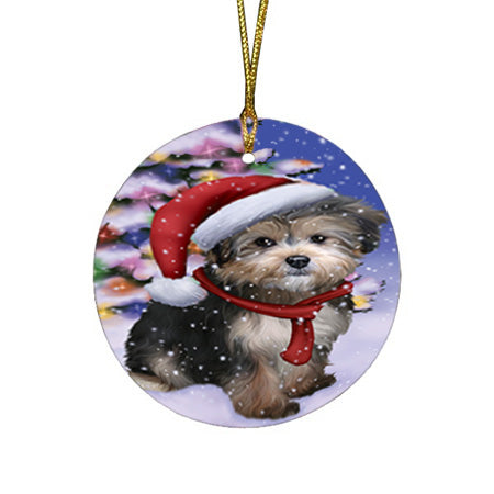 Winterland Wonderland Yorkipoo Dog In Christmas Holiday Scenic Background Round Flat Christmas Ornament RFPOR53787
