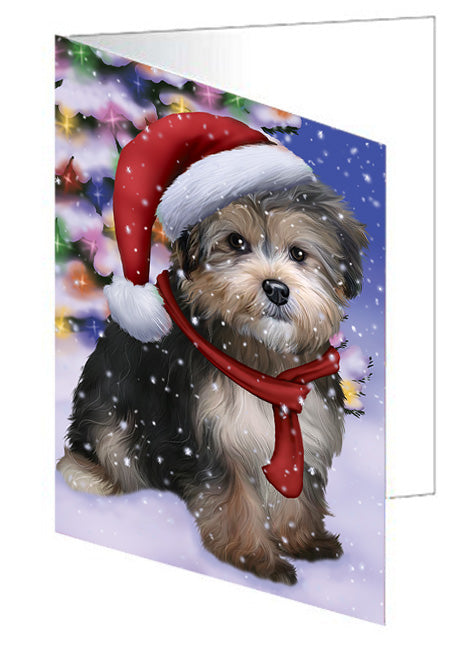 Winterland Wonderland Yorkipoo Dog In Christmas Holiday Scenic Background Handmade Artwork Assorted Pets Greeting Cards and Note Cards with Envelopes for All Occasions and Holiday Seasons GCD65417