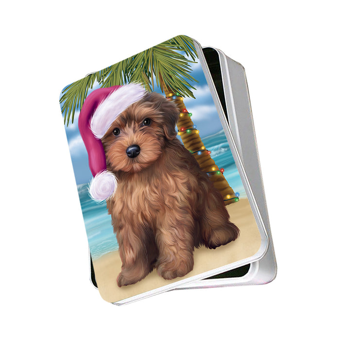 Summertime Happy Holidays Christmas Yorkipoo Dog on Tropical Island Beach Photo Storage Tin PITN54419