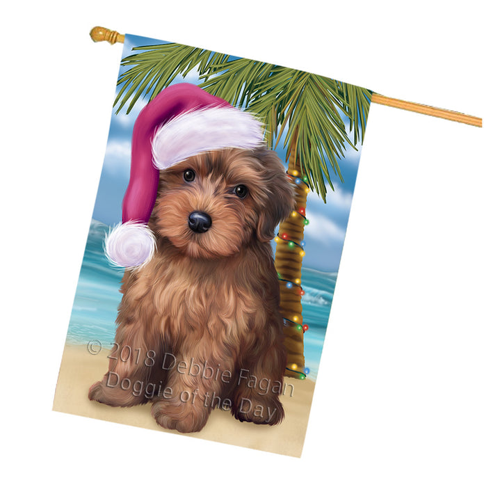 Summertime Happy Holidays Christmas Yorkipoo Dog on Tropical Island Beach House Flag FLG54802
