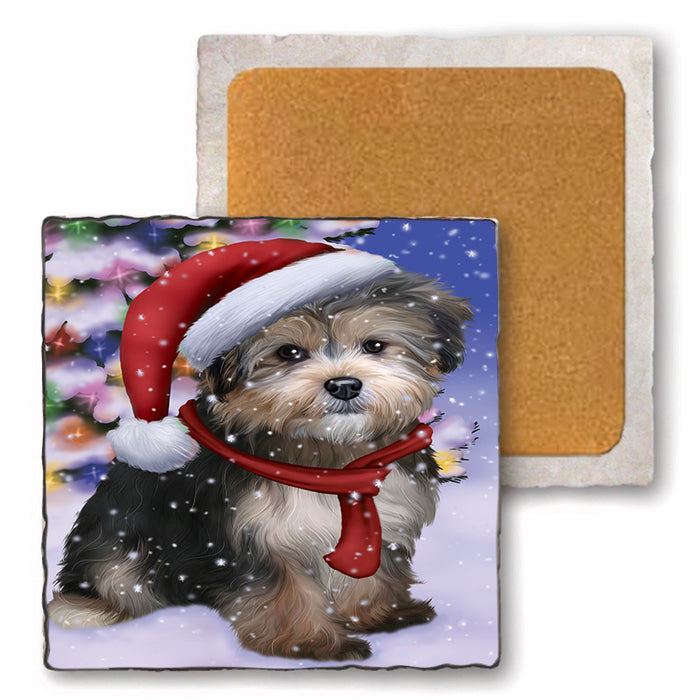 Winterland Wonderland Yorkipoo Dog In Christmas Holiday Scenic Background Set of 4 Natural Stone Marble Tile Coasters MCST48796