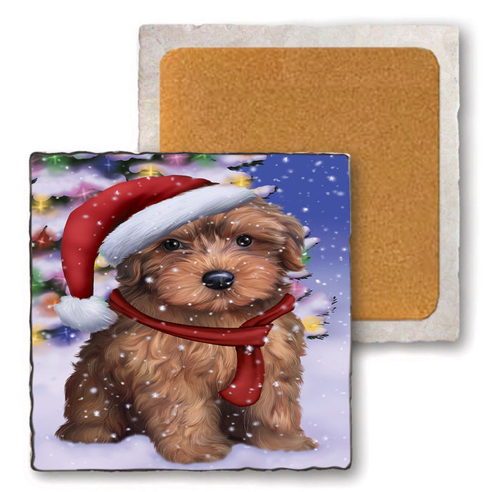 Winterland Wonderland Yorkipoo Dog In Christmas Holiday Scenic Background Set of 4 Natural Stone Marble Tile Coasters MCST48797