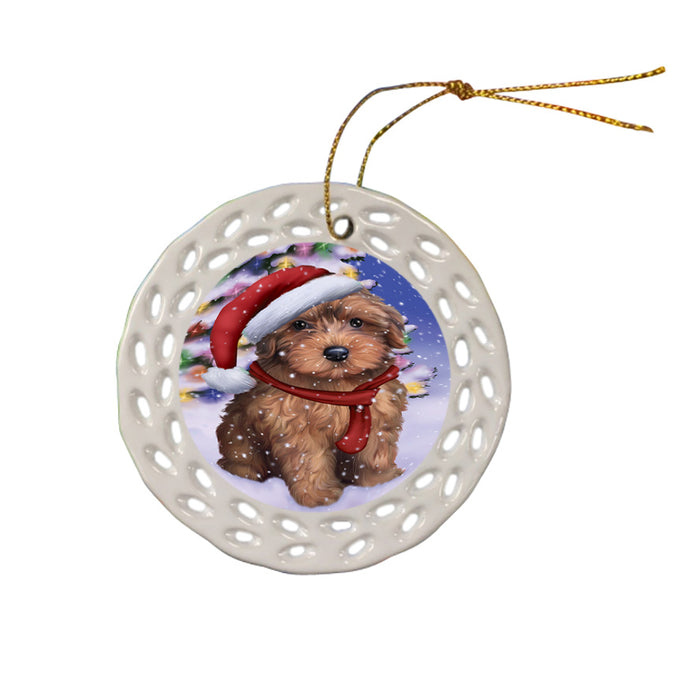 Winterland Wonderland Yorkipoo Dog In Christmas Holiday Scenic Background Ceramic Doily Ornament DPOR53797