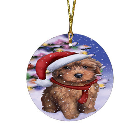 Winterland Wonderland Yorkipoo Dog In Christmas Holiday Scenic Background Round Flat Christmas Ornament RFPOR53788