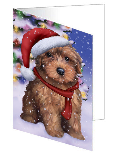 Winterland Wonderland Yorkipoo Dog In Christmas Holiday Scenic Background Handmade Artwork Assorted Pets Greeting Cards and Note Cards with Envelopes for All Occasions and Holiday Seasons GCD65420