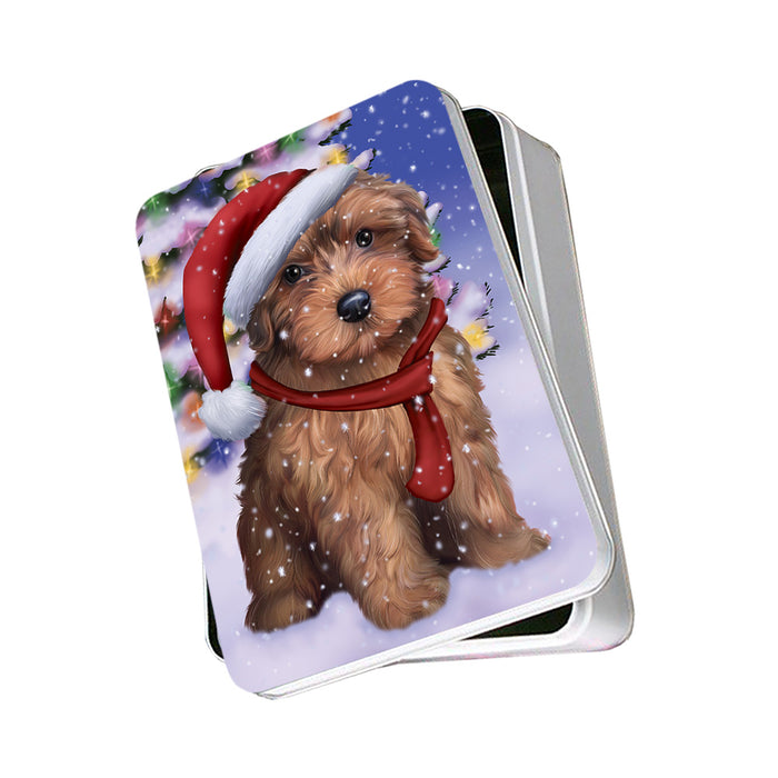 Winterland Wonderland Yorkipoo Dog In Christmas Holiday Scenic Background Photo Storage Tin PITN53740