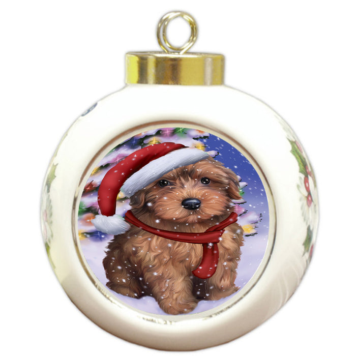Winterland Wonderland Yorkipoo Dog In Christmas Holiday Scenic Background Round Ball Christmas Ornament RBPOR53797