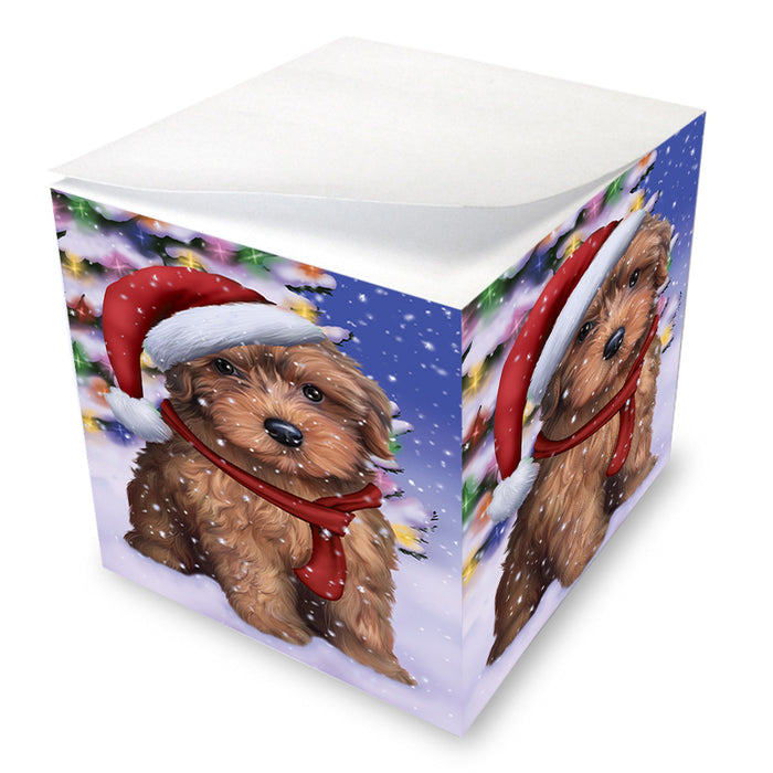 Winterland Wonderland Yorkipoo Dog In Christmas Holiday Scenic Background Note Cube NOC55443