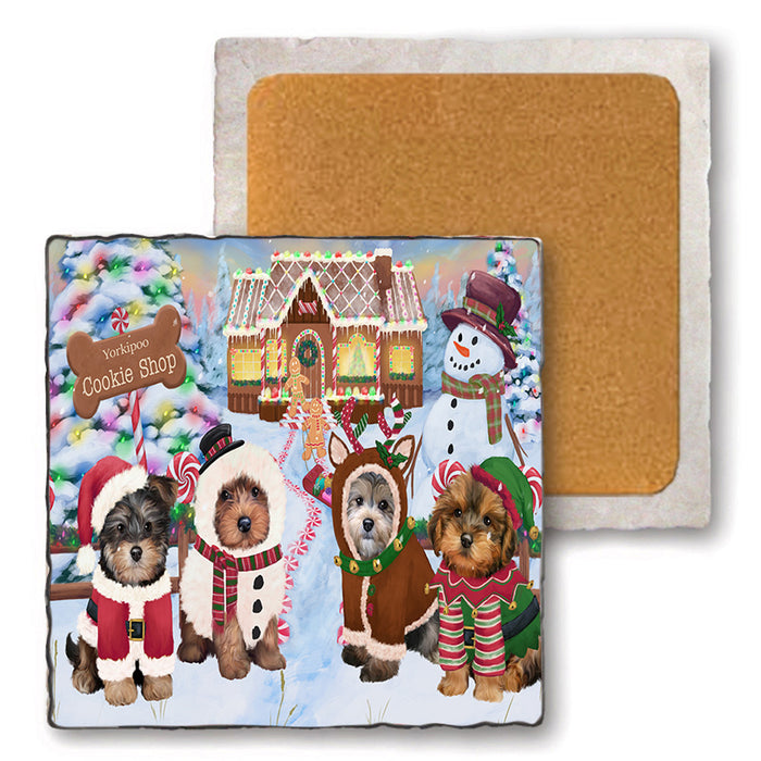 Holiday Gingerbread Cookie Shop Yorkipoos Dog Set of 4 Natural Stone Marble Tile Coasters MCST51634
