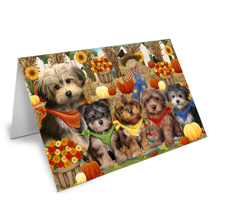 Fall Festive Gathering Yorkipoos Dog with Pumpkins Handmade Artwork Assorted Pets Greeting Cards and Note Cards with Envelopes for All Occasions and Holiday Seasons GCD56468