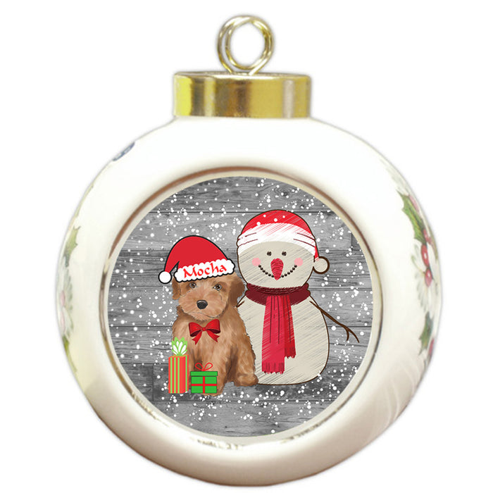 Custom Personalized Snowy Snowman and Yorkipoo Dog Christmas Round Ball Ornament