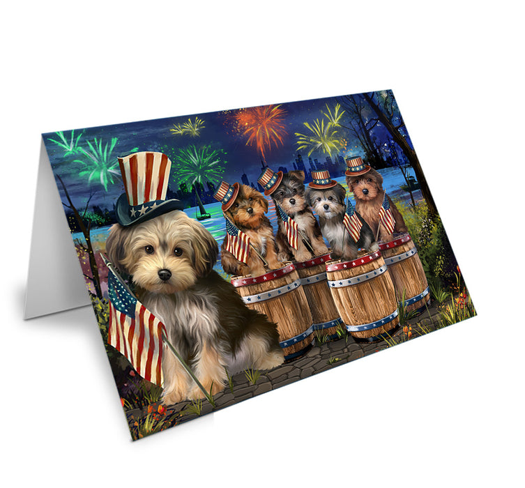 4th of July Independence Day Fireworks Yorkipoos at the Lake Handmade Artwork Assorted Pets Greeting Cards and Note Cards with Envelopes for All Occasions and Holiday Seasons GCD57215