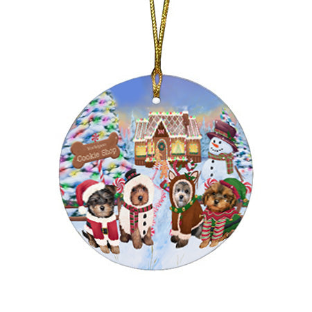 Holiday Gingerbread Cookie Shop Yorkipoos Dog Round Flat Christmas Ornament RFPOR56990