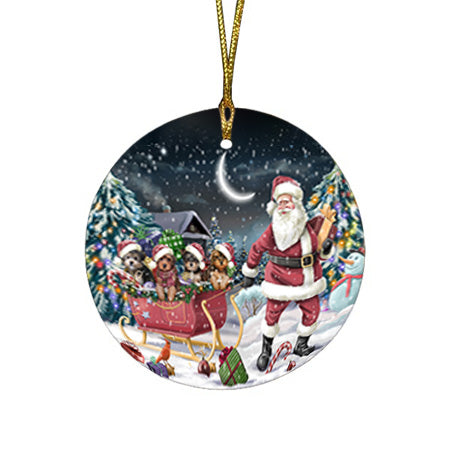Santa Sled Dogs Christmas Happy Holidays Yorkipoos Dog Round Flat Christmas Ornament RFPOR51720