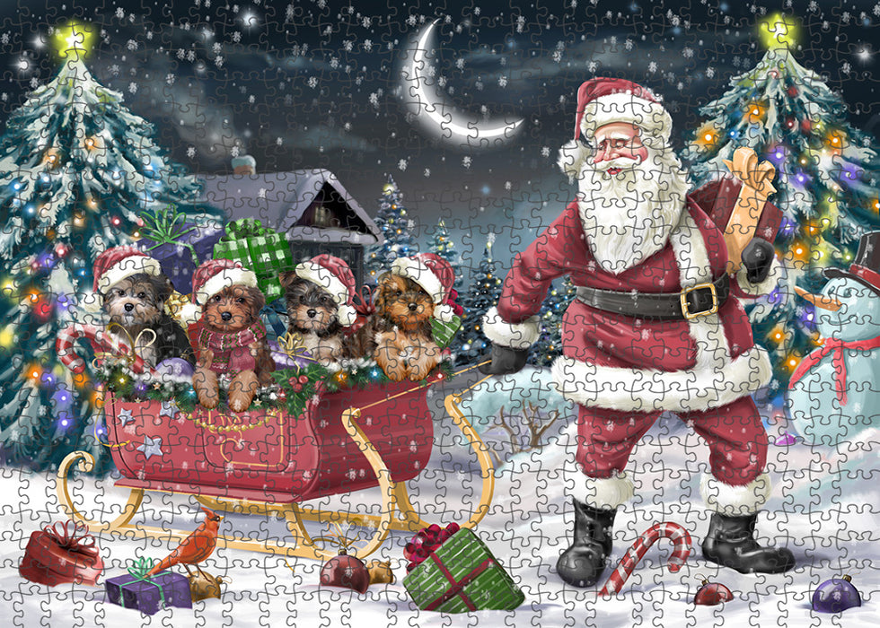 Santa Sled Dogs Christmas Happy Holidays Yorkipoos Dog Puzzle with Photo Tin PUZL59274