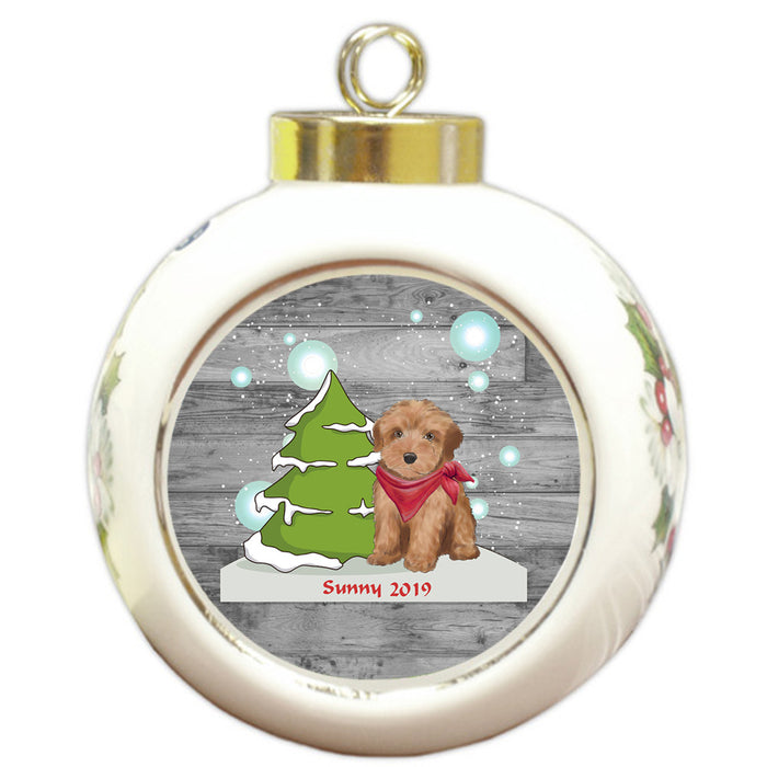 Custom Personalized Winter Scenic Tree and Presents Yorkipoo Dog Christmas Round Ball Ornament