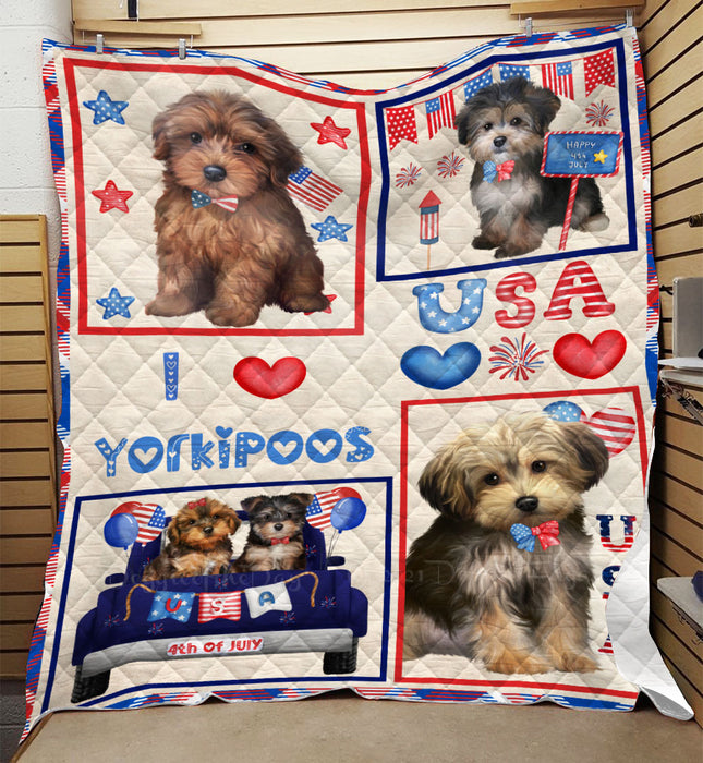 4th of July Independence Day I Love USA Yorkipoo Dogs Quilt Bed Coverlet Bedspread - Pets Comforter Unique One-side Animal Printing - Soft Lightweight Durable Washable Polyester Quilt