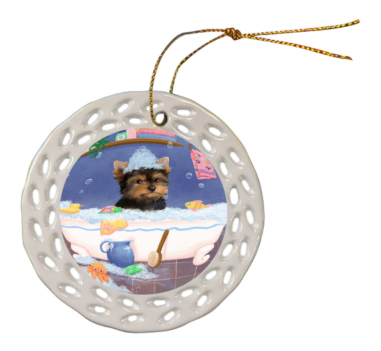 Rub A Dub Dog In A Tub Yorkshire Terrier Dog Doily Ornament DPOR58374