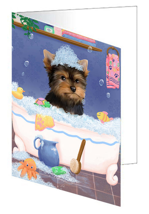 Rub A Dub Dog In A Tub Yorkshire Terrier Dog Handmade Artwork Assorted Pets Greeting Cards and Note Cards with Envelopes for All Occasions and Holiday Seasons GCD79763