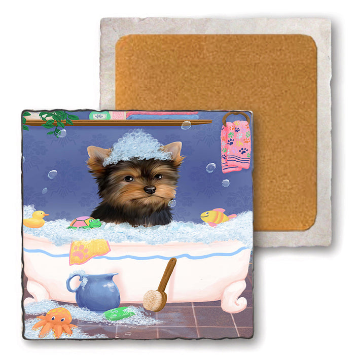 Rub A Dub Dog In A Tub Yorkshire Terrier Dog Set of 4 Natural Stone Marble Tile Coasters MCST52483