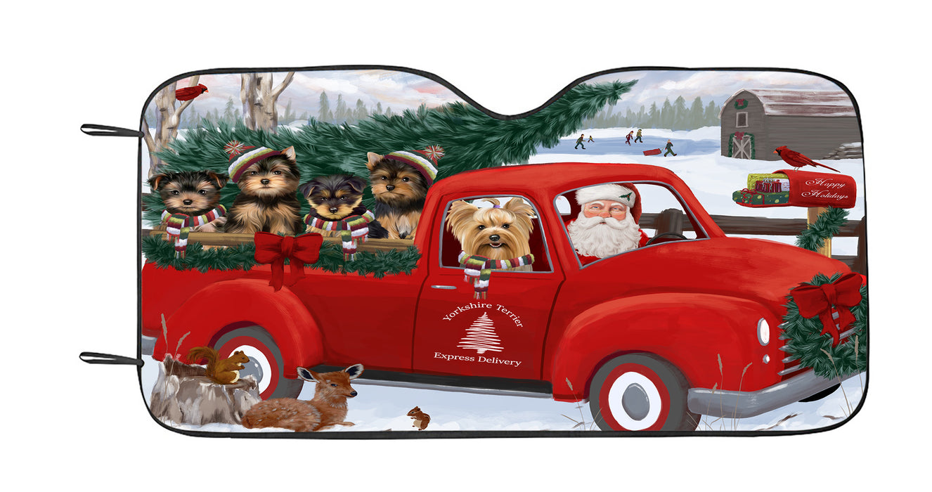 Christmas Santa Express Delivery Red Truck Yorkshire Terrier Dogs Car Sun Shade