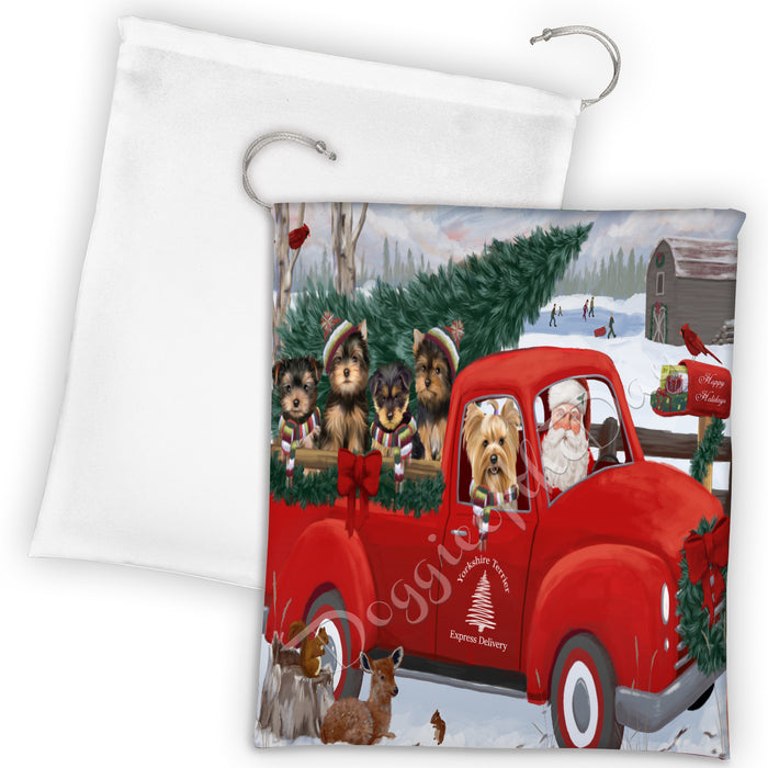 Christmas Santa Express Delivery Red Truck Yorkshire Terrier Dogs Drawstring Laundry or Gift Bag LGB48358