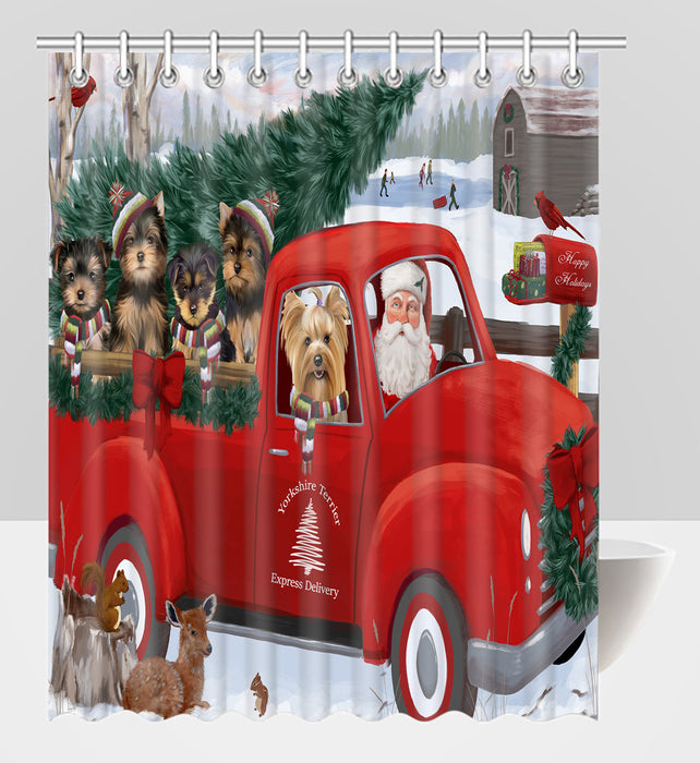 Christmas Santa Express Delivery Red Truck Yorkshire Terrier Dogs Shower Curtain