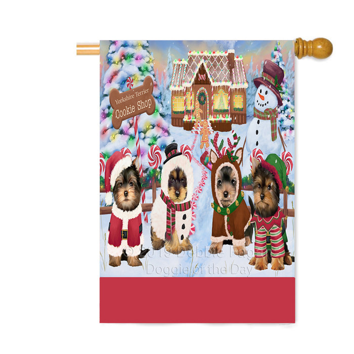 Personalized Holiday Gingerbread Cookie Shop Yorkshire Terrier Dogs Custom House Flag FLG-DOTD-A59310