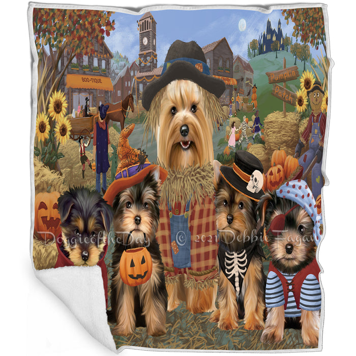 Halloween 'Round Town And Fall Pumpkin Scarecrow Both Yorkshire Terrier Dogs Blanket BLNKT143684