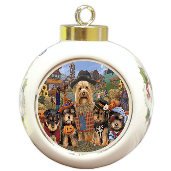Halloween 'Round Town And Fall Pumpkin Scarecrow Both Yorkshire Terrier Dogs Round Ball Christmas Ornament RBPOR57623