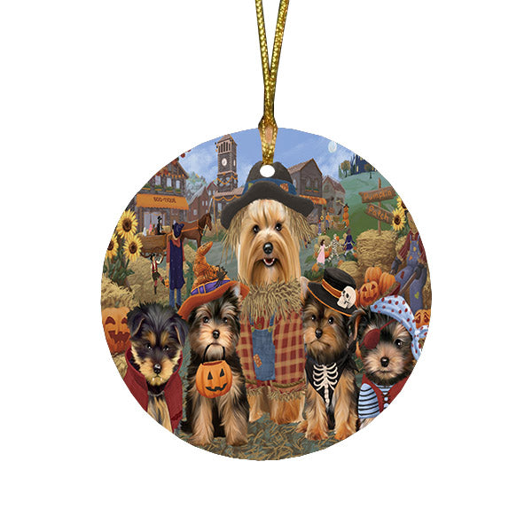 Halloween 'Round Town And Fall Pumpkin Scarecrow Both Yorkshire Terrier Dogs Round Flat Christmas Ornament RFPOR57623