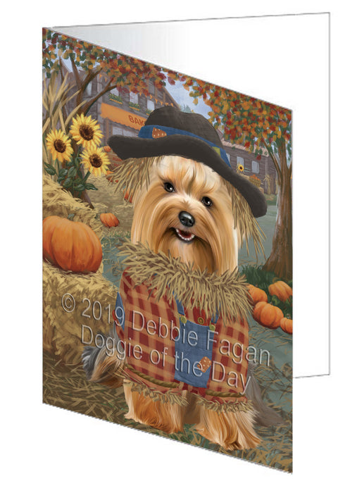 Fall Pumpkin Scarecrow Yorkshire Terrier Dogs Handmade Artwork Assorted Pets Greeting Cards and Note Cards with Envelopes for All Occasions and Holiday Seasons GCD78686