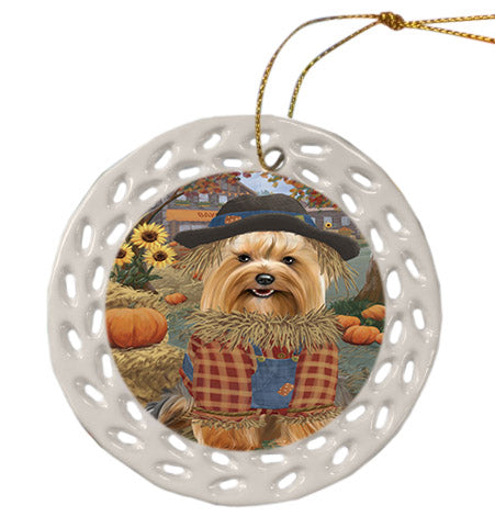 Fall Pumpkin Scarecrow Yorkshire Terrier Dogs Ceramic Doily Ornament DPOR57780