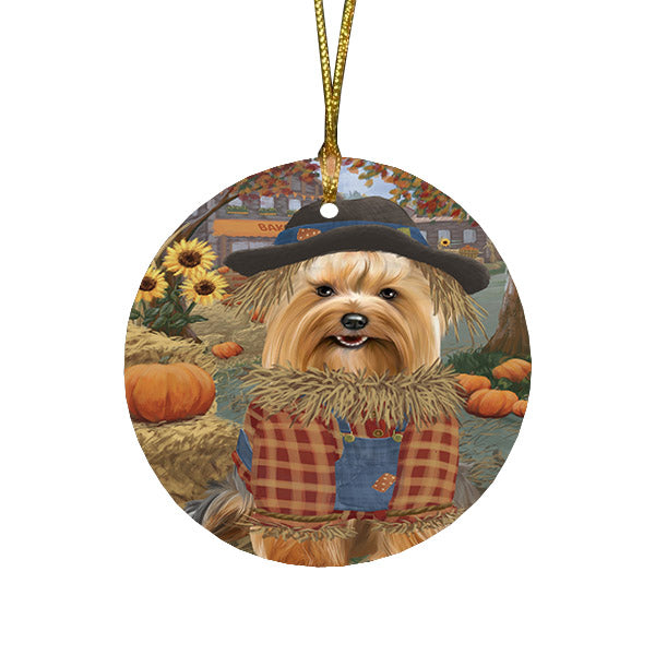 Halloween 'Round Town And Fall Pumpkin Scarecrow Both Yorkshire Terrier Dog Round Flat Christmas Ornament RFPOR57684
