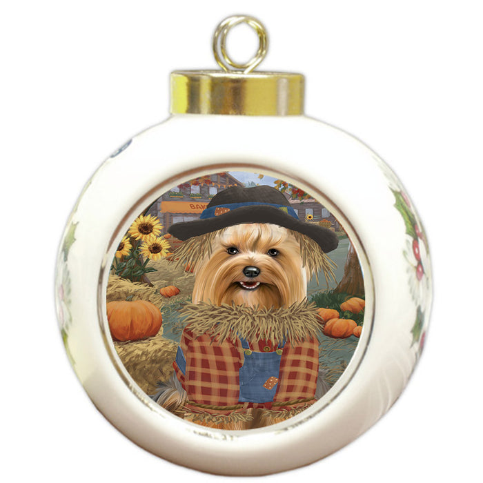 Halloween 'Round Town And Fall Pumpkin Scarecrow Both Yorkshire Terrier Dog Round Ball Christmas Ornament RBPOR57684