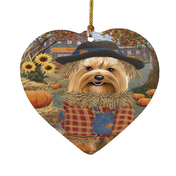 Fall Pumpkin Scarecrow Yorkshire Terrier Dogs Heart Christmas Ornament HPOR57780