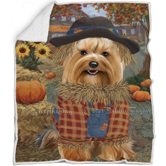 Halloween 'Round Town And Fall Pumpkin Scarecrow Both Yorkshire Terrier Dogs Blanket BLNKT143685