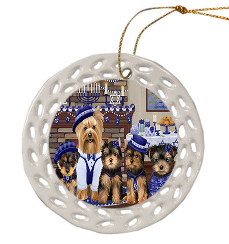 Happy Hanukkah Family Yorkshire Terrier Dogs Ceramic Doily Ornament DPOR57749