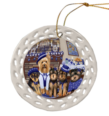 Happy Hanukkah Family Yorkshire Terrier Dogs Doily Ornament DPOR57934