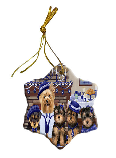 Happy Hanukkah Family Yorkshire Terrier Dogs Star Porcelain Ornament SPOR57749