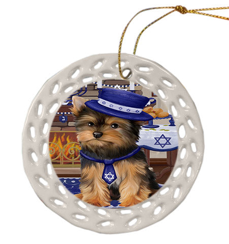 Happy Hanukkah Yorkshire Terrier Dog Ceramic Doily Ornament DPOR57810