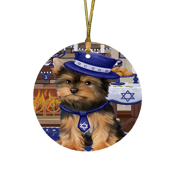 Happy Hanukkah Family and Happy Hanukkah Both Yorkshire Terrier Dog Round Flat Christmas Ornament RFPOR57714
