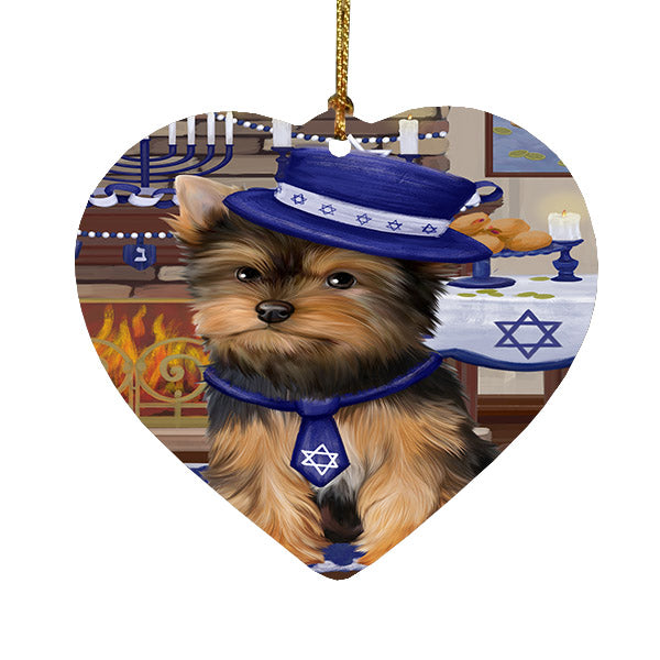 Happy Hanukkah Yorkshire Terrier Dog Heart Christmas Ornament HPOR57810