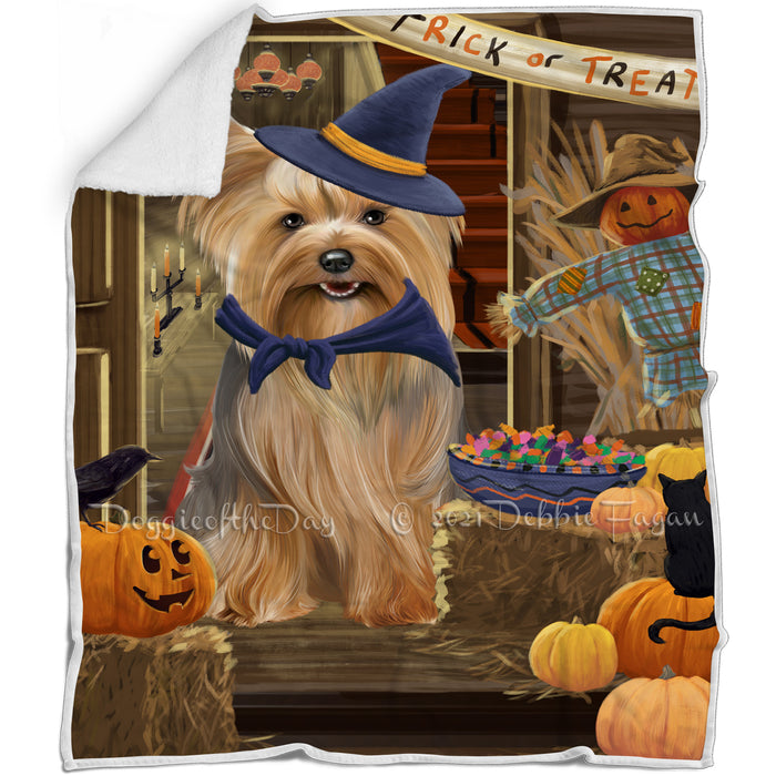 Enter at Own Risk Trick or Treat Halloween Yorkshire Terrier Dog Blanket BLNKT97527