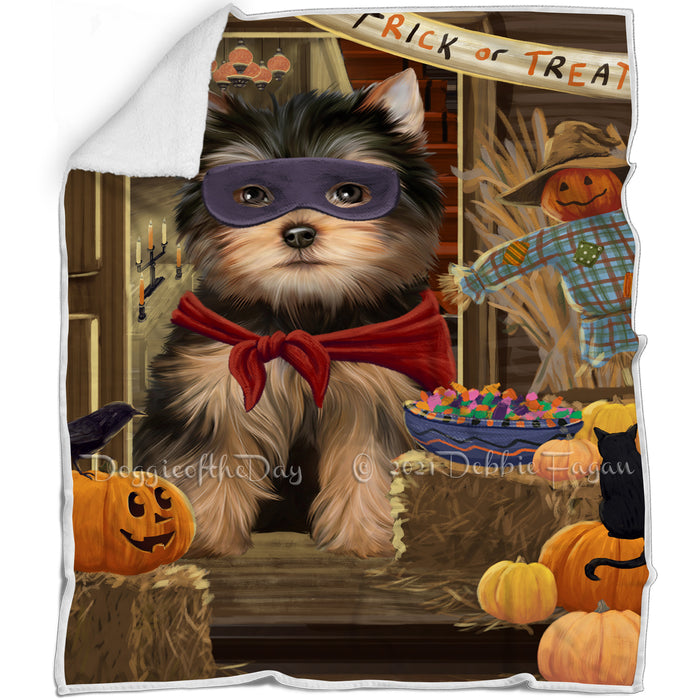 Enter at Own Risk Trick or Treat Halloween Yorkshire Terrier Dog Blanket BLNKT97536