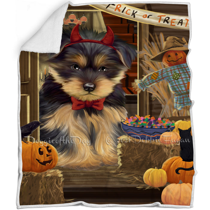 Enter at Own Risk Trick or Treat Halloween Yorkshire Terrier Dog Blanket BLNKT97554